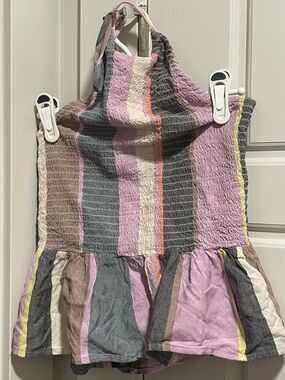Patrons of Peace Lavender Pink Gray Striped Smocked Halter Top